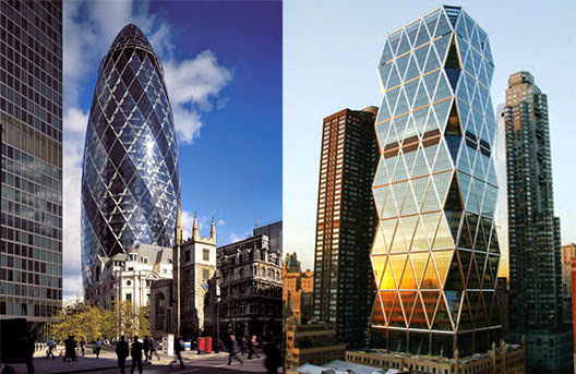 A la izquierda The Gherkin (El Pepinillo) en Londres, a la derecha la torre Hearst de Norman Foster en Nueva York.